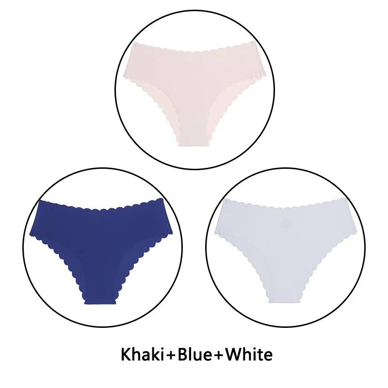 Khaki Blue White 3 шт./партия, сексуальные трусики с оборками женский сексуальный бесшовный трусики с низкой посадкой, однотонное мягкое нижнее белье, женские Ультра тонкие трусики, нижнее белье - Цвет: Khaki Blue White