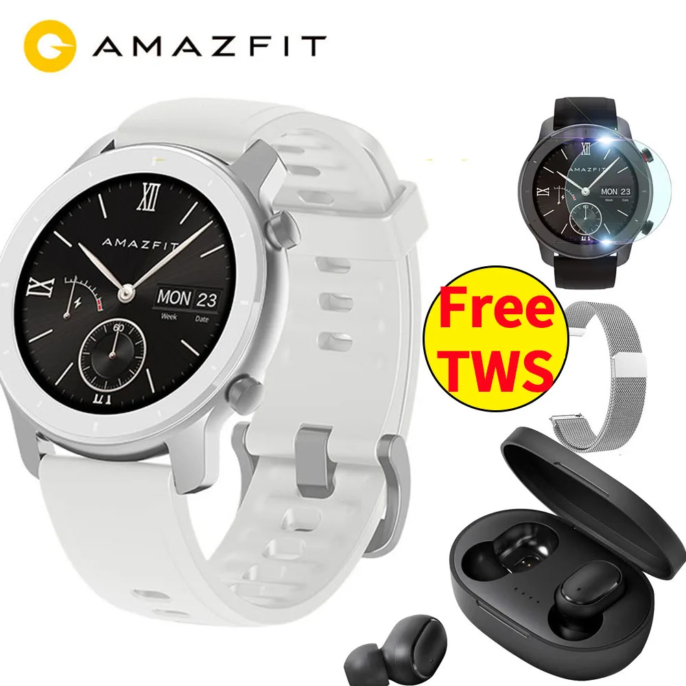 white 42mm N silver 【5atm】 глобальная версия Amazfit GTR 42 мм умные часы gps часы 12 дней Срок службы батареи управление музыкой 1," AMOLED для Xiaomi Android IOS - Цвет: white 42mm N silver