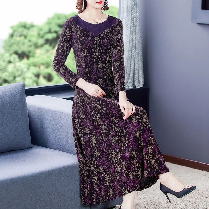 

2020autumn new fashion retro bright silk slim long-sleeved purple dress female large size M-5XLhigh quality and elegant vestidos