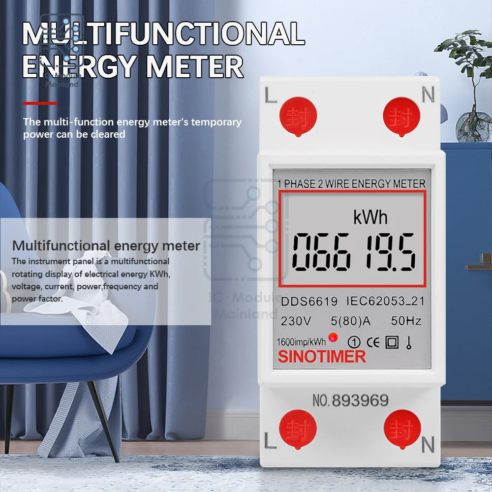 

AC 230V 5(80)A Digital Wattmeter Power Energy Meter Din Rail KWH Voltage Current Meter Backlight with Reset Function
