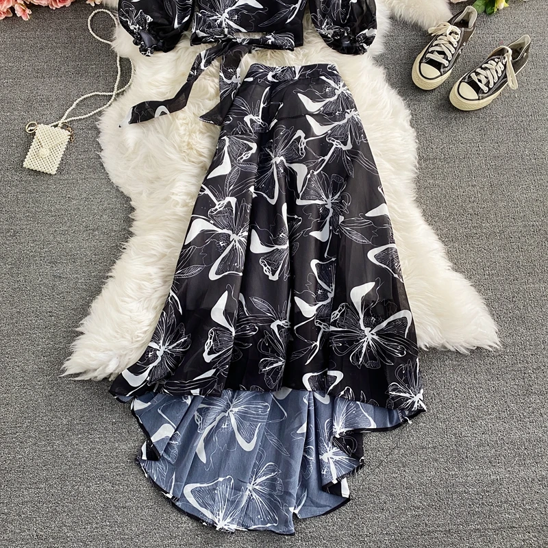 

Bohemian Floral Printed Chiffon Two Piece Set Women Spring Autumn Sexy V-Neck Puff Sleeve Short Tops + Irregular Long Skirt Suit