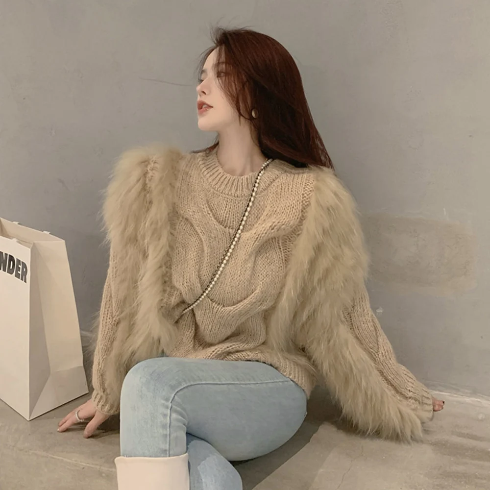 Женский пуловер с мехом вязаный шерстяной свитер в Корейском стиле 2021 | Женская
