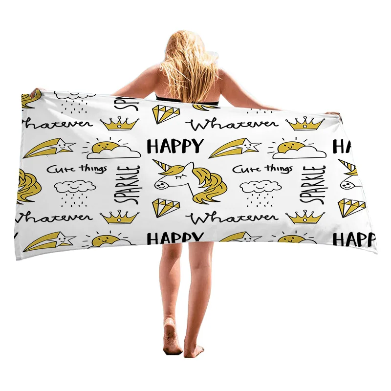 

Прямоугольное быстросохнущее пляжное полотенце размером 75x150 см белого цвета с мультипликационным геометрическим рисунком, большое полоте...