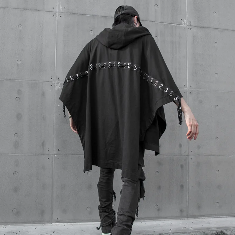 

Men Ribbon Splice Hooded Shawl Jacket Cardigan Male Women Hip Hop Streetwear Punk Gothic Outerwear Coat Cloak Stage Clothing