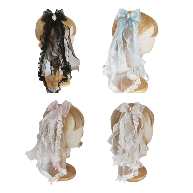 

Mesh Lace Veil Hair Clip with Pearl Ribbon Bows Hairpin Lolita Hair Accessories 35EF
