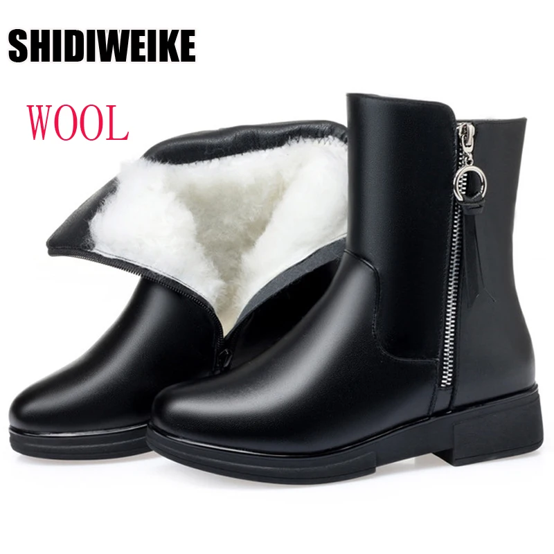 

Big Size 35-43 Women Snow Boots Winter Thick Wool Warm Mid Calf Boots Women Fashion Soft Leather Low Wedge Cotton Boots vc2092