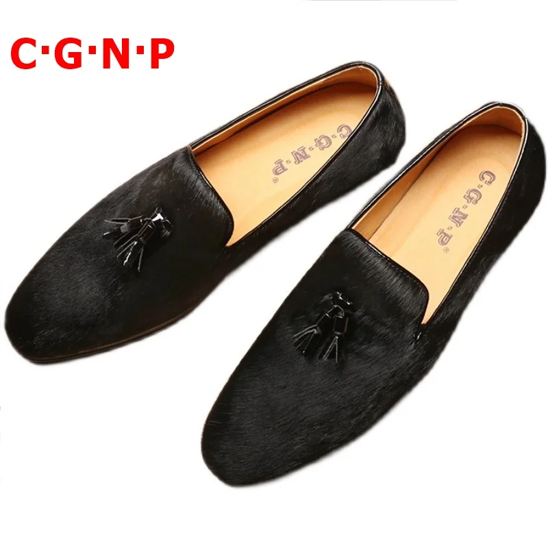 

C·G·N·P High Quality Black Horsehair Men Casual Shoes Luxury Fashion Tassel Loafers Handmade Slip On Dress Shoes Men's Slippers