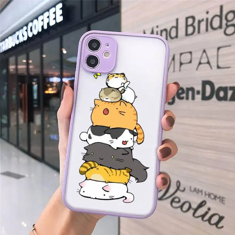 

Cute cartoon cat Phone Cases Matte transparent For Purple iPhone 12 Mini 11 Pro XR XS Max 7 8 Plus X Back Cover