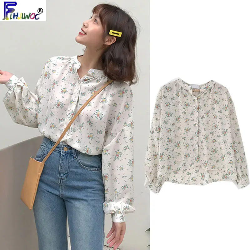 Блузка Женская Осенняя Базовая на пуговицах с длинным рукавом и цветочным