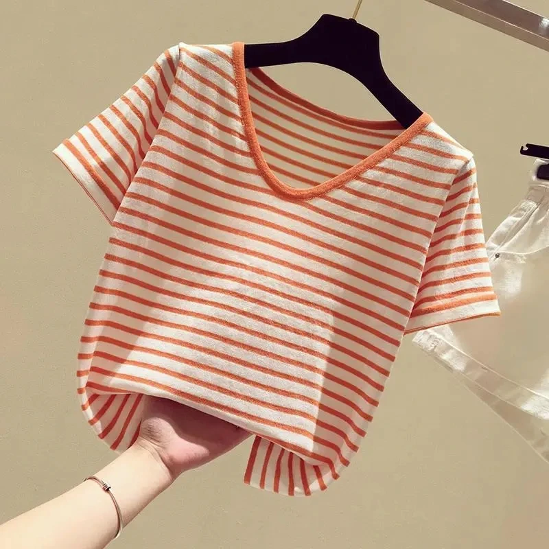 

Striped knitted T-shirt women's short sleeve new Korean loose and versatile V-neck slim half sleeve T-shirt summer tees P3 353