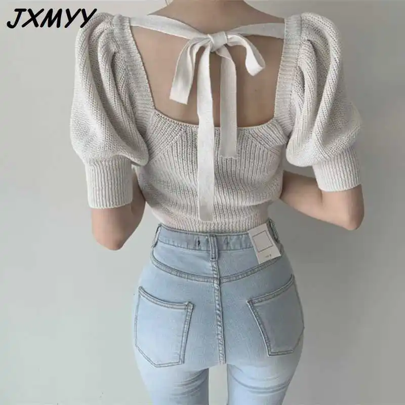 

ICCLEK Korean open back knitted pullover ladies lace up fashion chic elegant square neck hollow sweater puff sleeve casual to