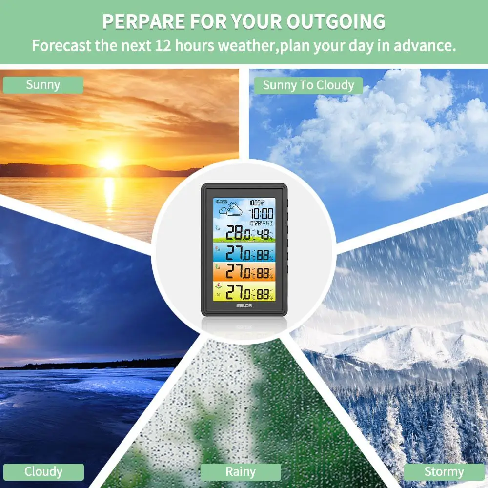 wireless smart home waether station sensor hygrometer thermometer digital moonphase date alarm clock colorful barometer forecast free global shipping