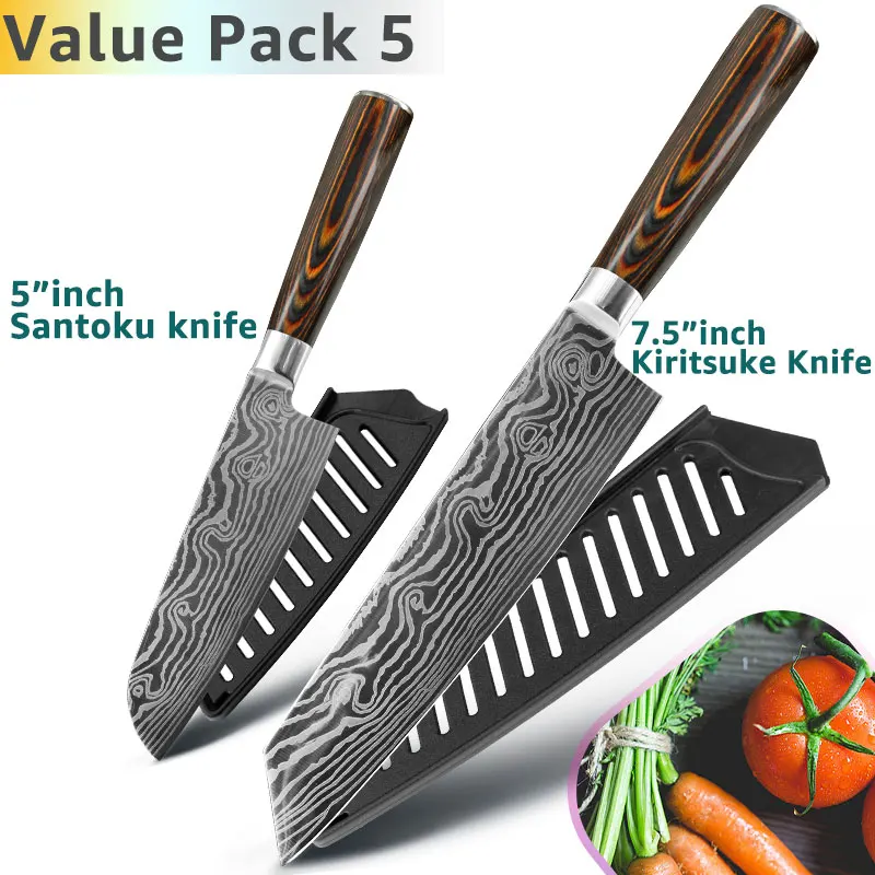 Value Pack 5 Кухонный нож 8 дюймов, японские ножи шеф-повара 7CR17 440C из высокоуглеродистой нержавеющей стали, дамасский чертежный универсальный набор сантоку, Кливер - Цвет: Value Pack 5