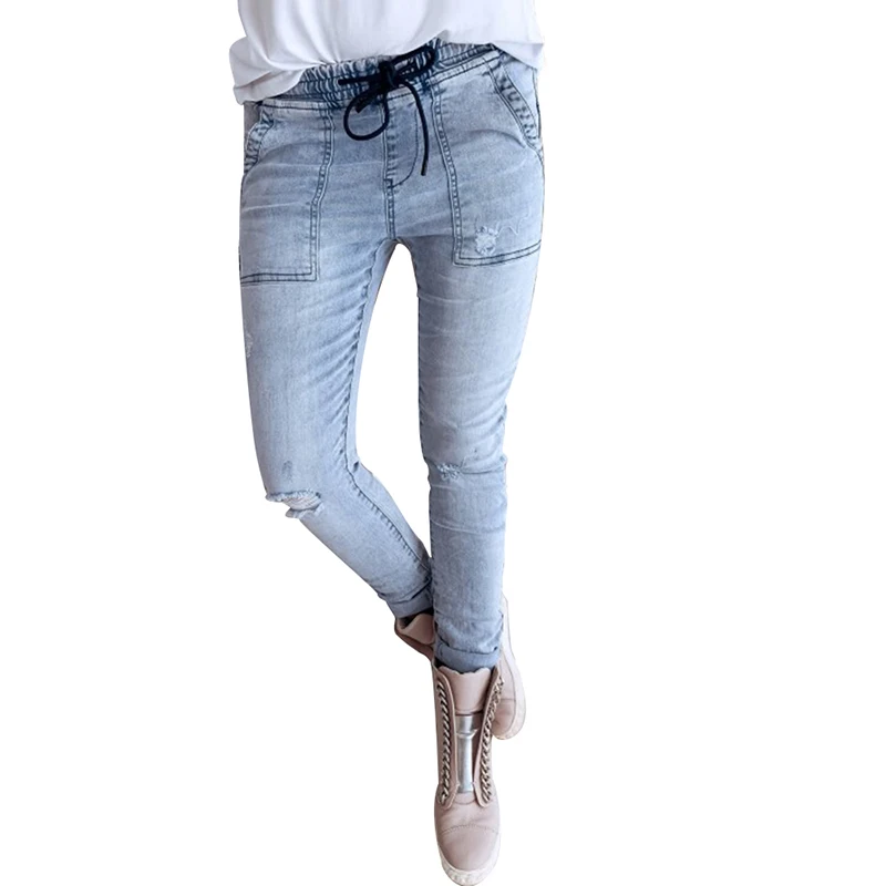 Женские узкие джинсы с низкой талией Синие рваные потертостями повседневные