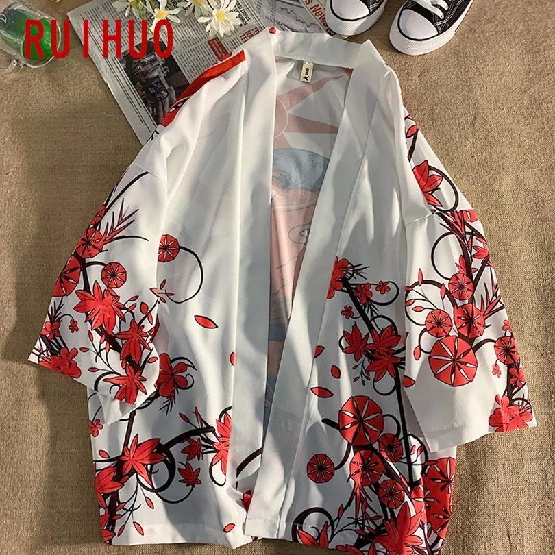 

RUIHUO Bull Print Kimono Men Clothing Summer Kimono Cardigan Tops Japanese Streetwear Men Shirt Short Sleeve M-5XL 2021 New