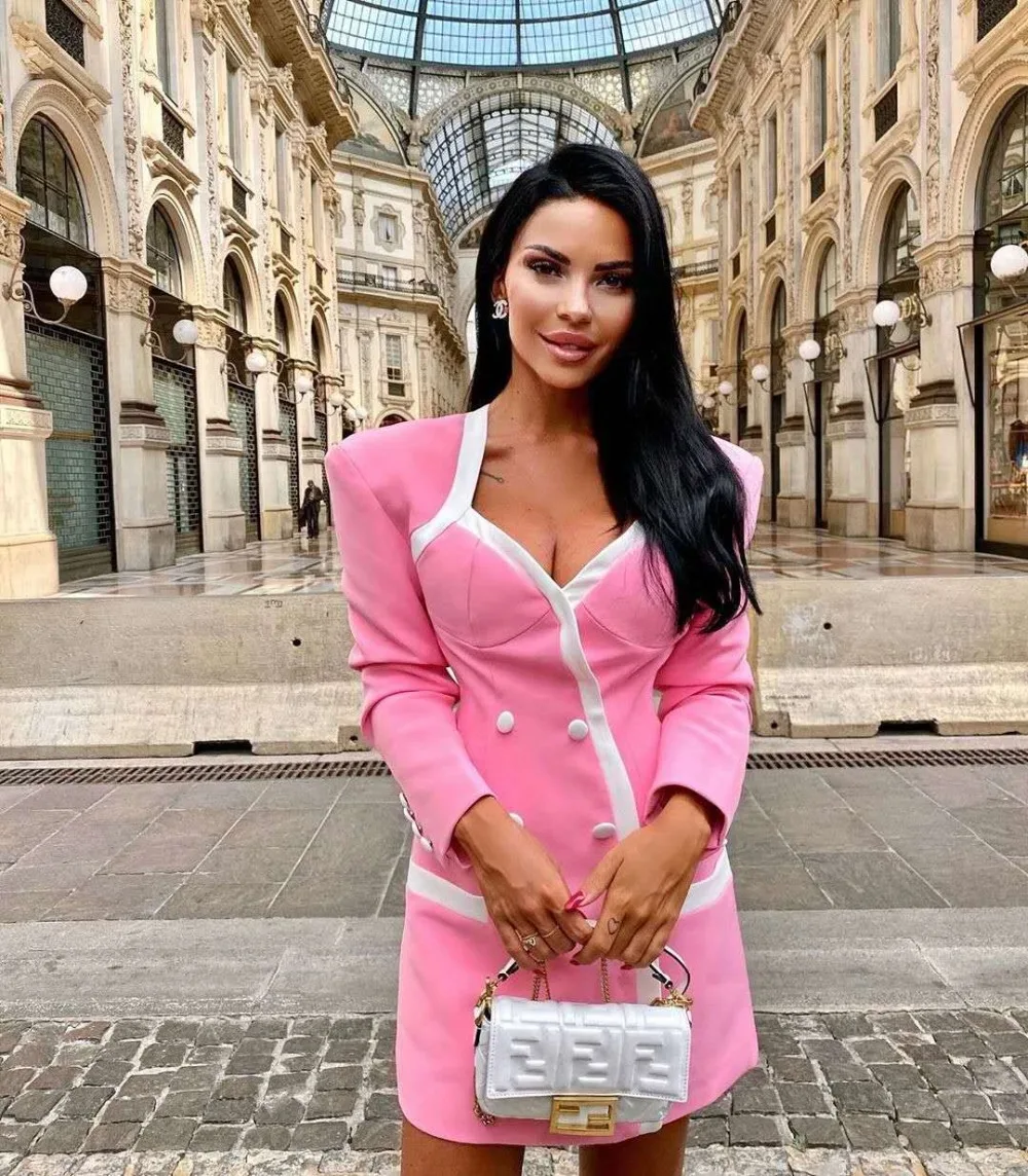 

2020 New Arrival women pink v neck button long sleeve Bodycon Celebrity Evening Party bandage dress wholesale