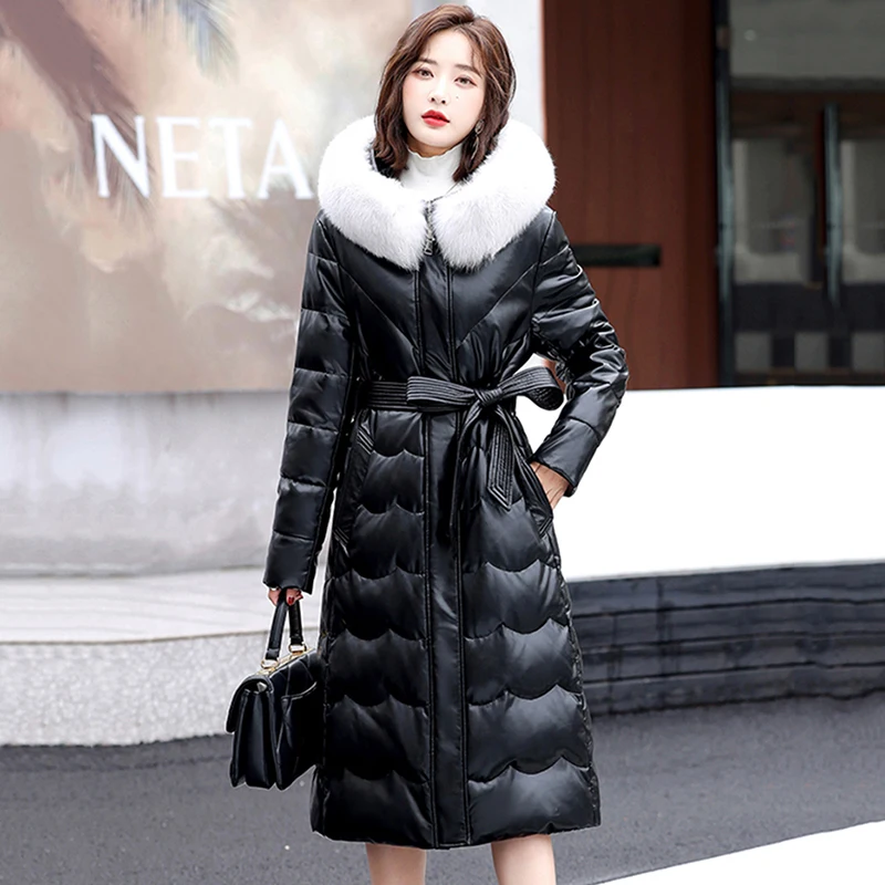 New Women Sheepskin Down Jacket Autumn Winter 2022 Elegant Fashion Real Fox Fur Collar Thick Warm Slim Long Leather Overcoat