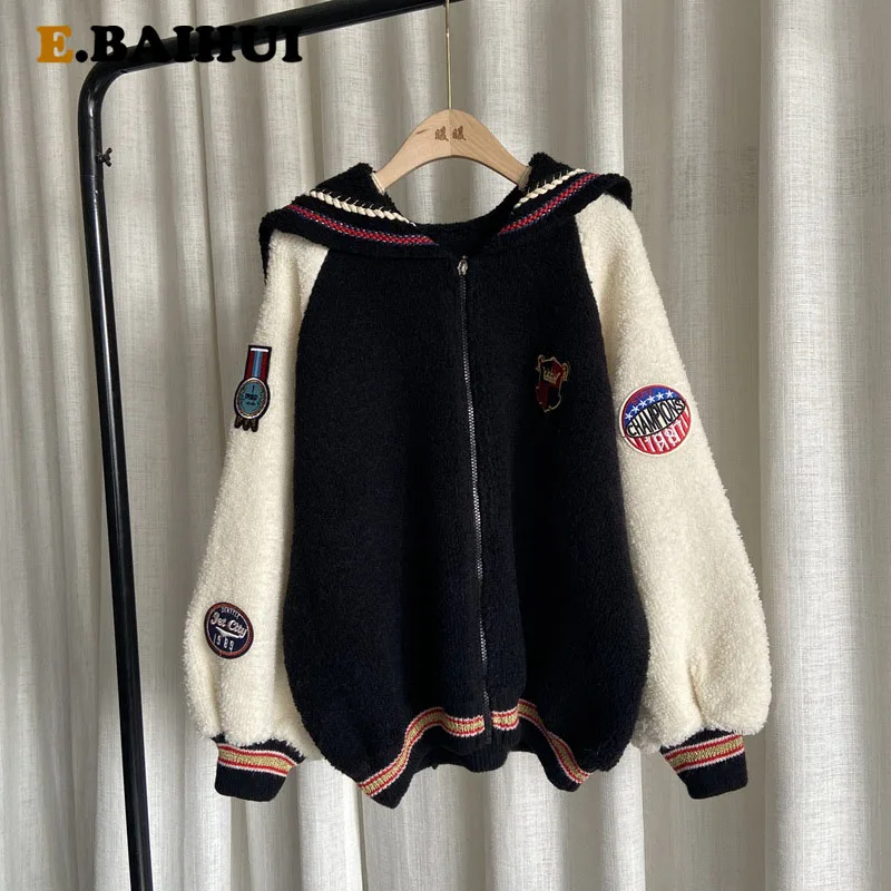

EBAIHUI Sweater Jacket Female Letter Embroidery Kpop Plus Size Loose Knitted Baseball Uniform Autumn Winter Thick Patch Cardigan