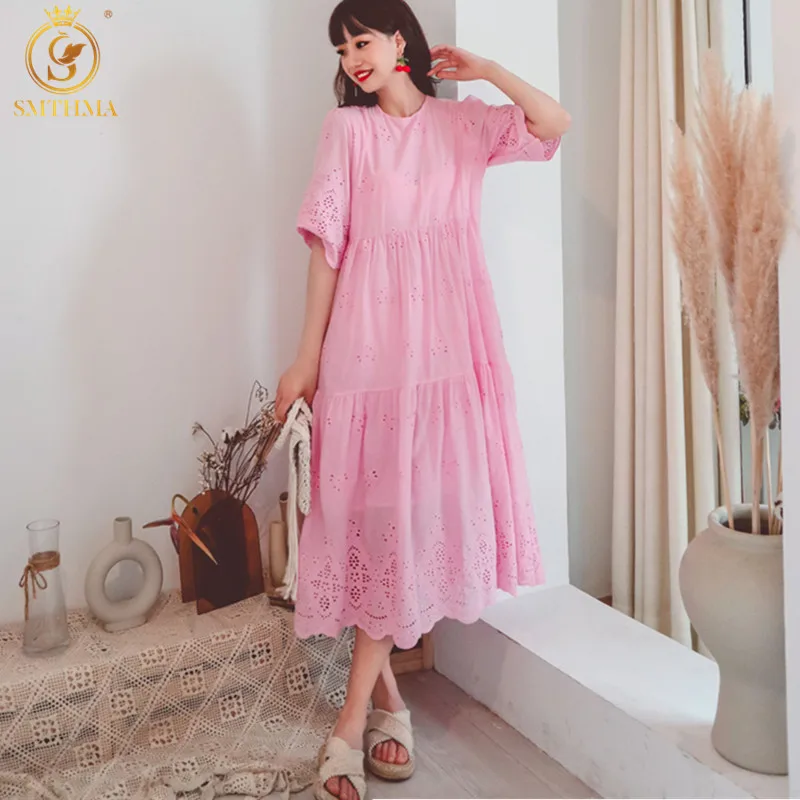 

SMTHMA 2021 New Fashion Embroidery Lace Hollow Out Summer Dress Robe Women's Short Sleeve Loose Waist Casual Big Swing Dress