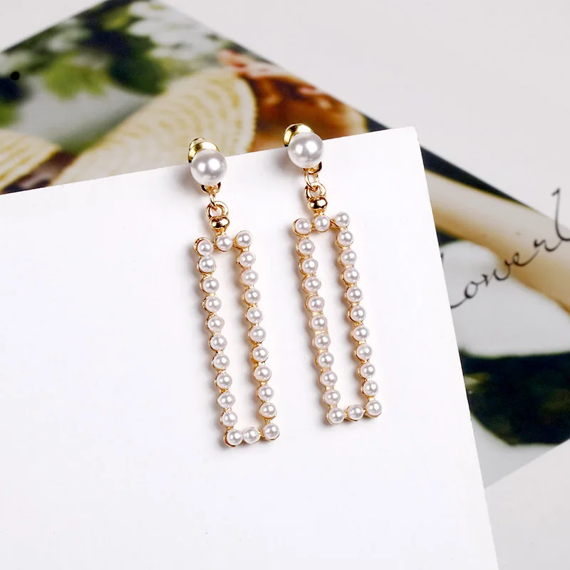 Корейские серьги с искусственным белым жемчугом прямоугольные Висячие для