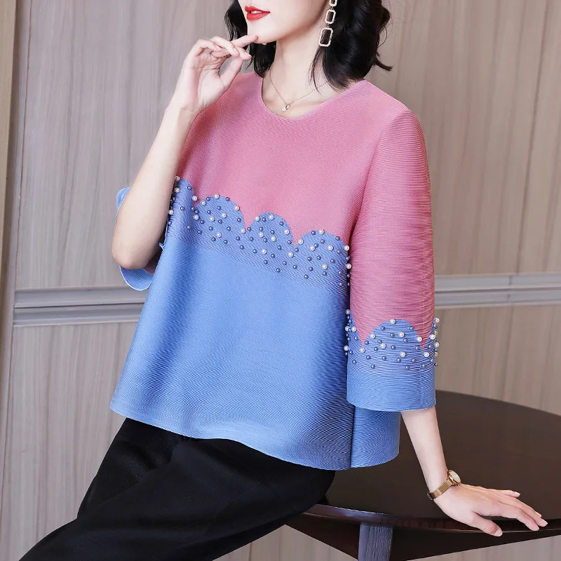 

TVVOVVIN Spring Summer Pleated T-shirt 2021 New Fashion Simple O-neck Contrast Beading Large Size Tops CQQN
