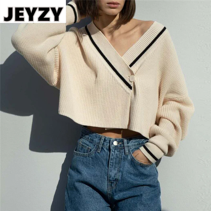 

Модный сексуальный женский кардиган Jeyzy в Корейском стиле преппи, вязаный свитер, топы, Осенний бежевый базовый укороченный свитер, джемпер...