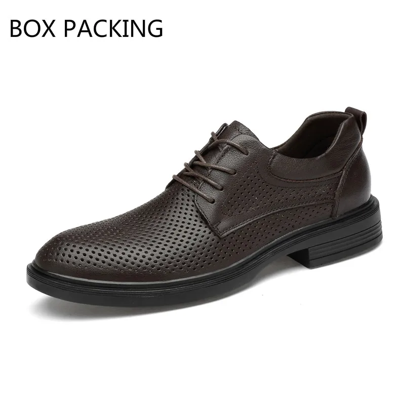 brown with box Летние мужские повседневные туфли-оксфорды из натуральной кожи Молодежные кожаные туфли с круглым носком; Цвет черный, коричневый; большие размеры 6,5-11,5 - Цвет: brown with box