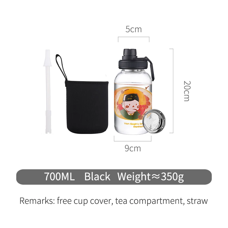 

700ml Cup Glass Water Bottle Portable Sports Cute Glass Bottle with Straw, (Gift Filter and Cup Sleeve)