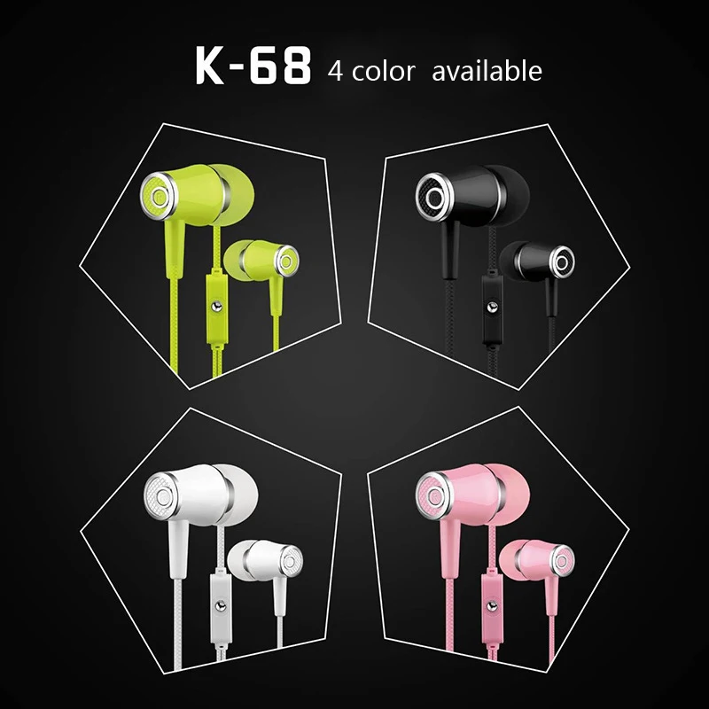 k68 Leather cable Sport Earphone Wired Earphones Super Bass 3.5mm Crack Earbud with Mic for Android Apple | Электроника