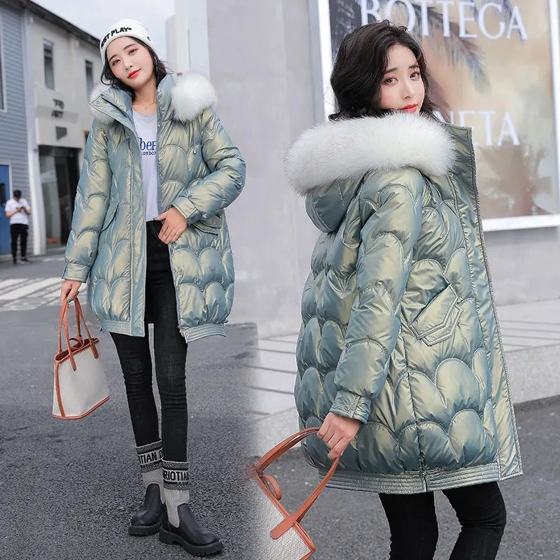 Winter Jackets 2023 Shiny Women's Parkas High Quality Fur Collar Mid-Lenth Parka Hooded Padded Cotton Jacket Casual Coats Female
