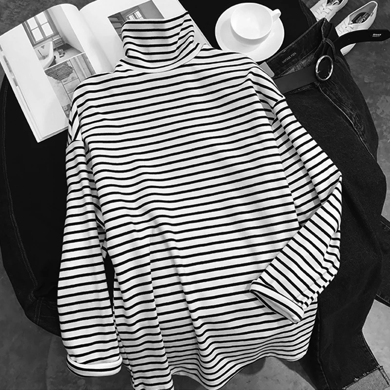 Осенняя Винтажная футболка в полоску с высоким воротником и длинным рукавом