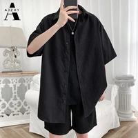 streetwear shirt men solid cotton plus size short sleeve shirts loose summer fashion casual korean shirt mens tops clothes 2021