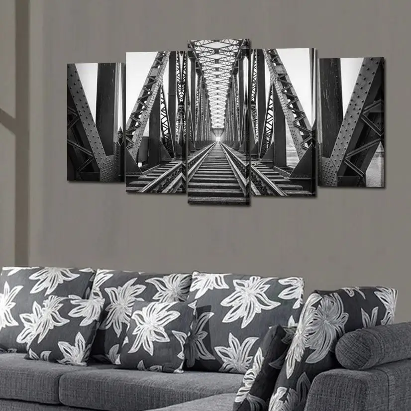 

No Framed Canvas 5Pcs Black and White Train Tracks Wall Art Posters Pictures Paintings Home Decor for Living Room Decoration