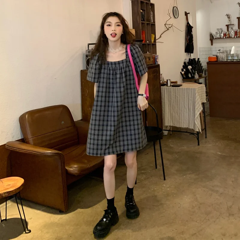 Платье летнее клетчатое с квадратным вырезом и коротким рукавом|Женские платья| |
