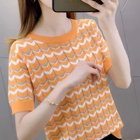 wavy ice silk t shirt womens 2021 new summer hollow out cool t shirt thin loose striped top