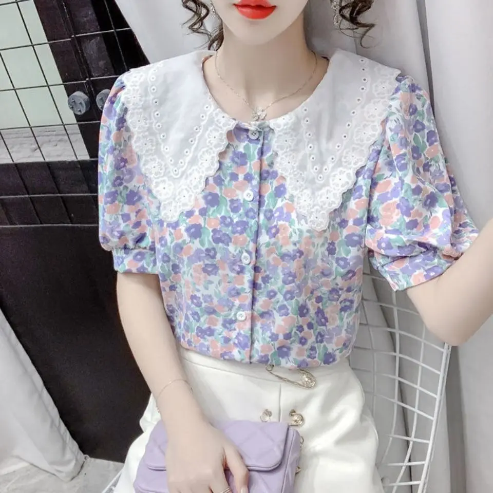 

Женская рубашка с цветочным принтом, Новинка лета 2021, рубашка с короткими рукавами и воротником-куклой в иностранном стиле, французский шик...