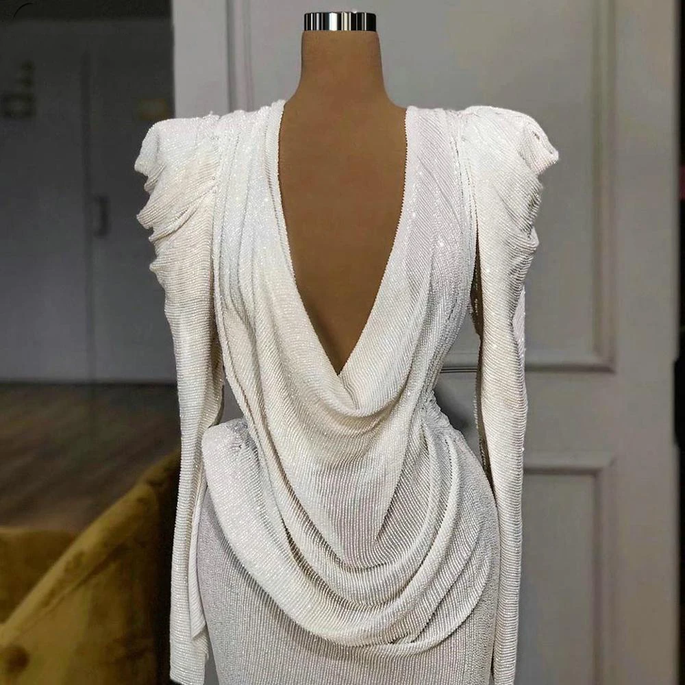 

YILIBER Evening dresses 2021 vintage vlack pearls long sleeves evening gowns beading prom dresses for women short dresses