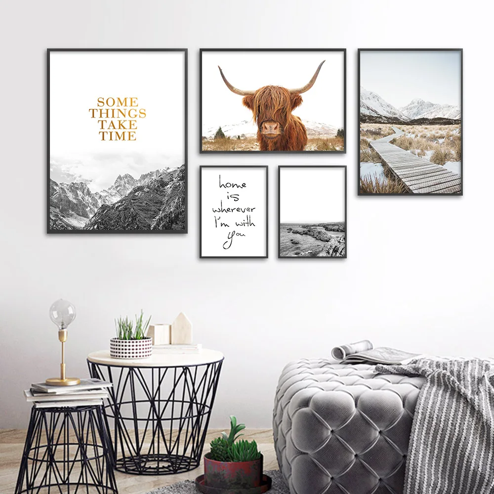 

Wall Art Landscape Canvas Poster Nordic Print Mountain Highland Cow Painting Scandinavian Decoration Picture Living Room Decor
