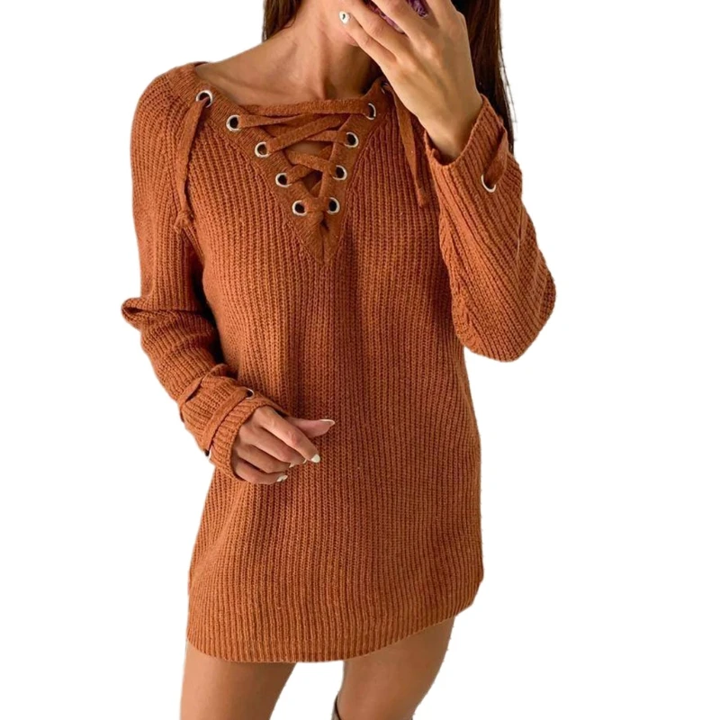 

Women Long Sleeve Lace-up Knitted Sweater Dress Sexy V Neck Slim Fit Mid-Length Jumper Pullover Autumn Winter Female Casual Stre