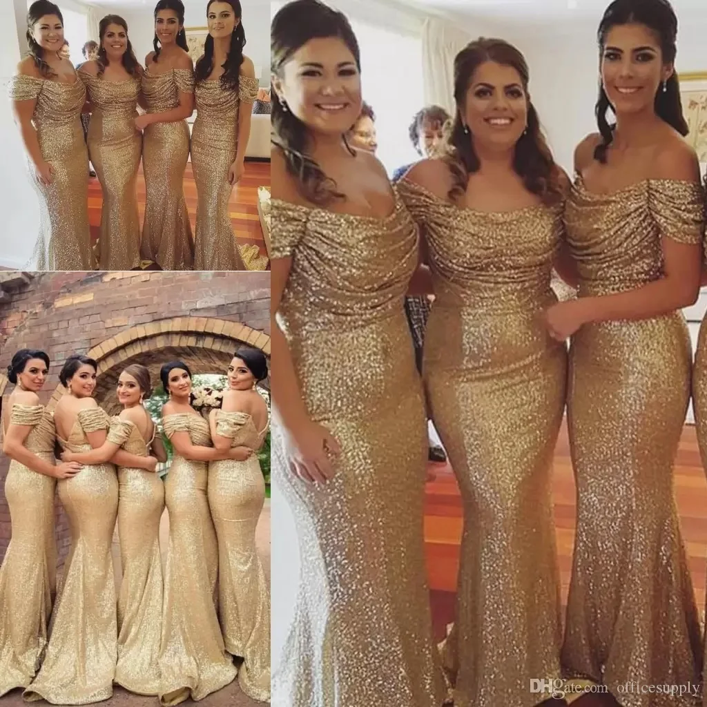 

Champagne Gold Sequins Mermaid Bridesmaid Dress Sexy Strapless Short Sleeve Adult Wedding Dress Women's Chorus Performance Dress