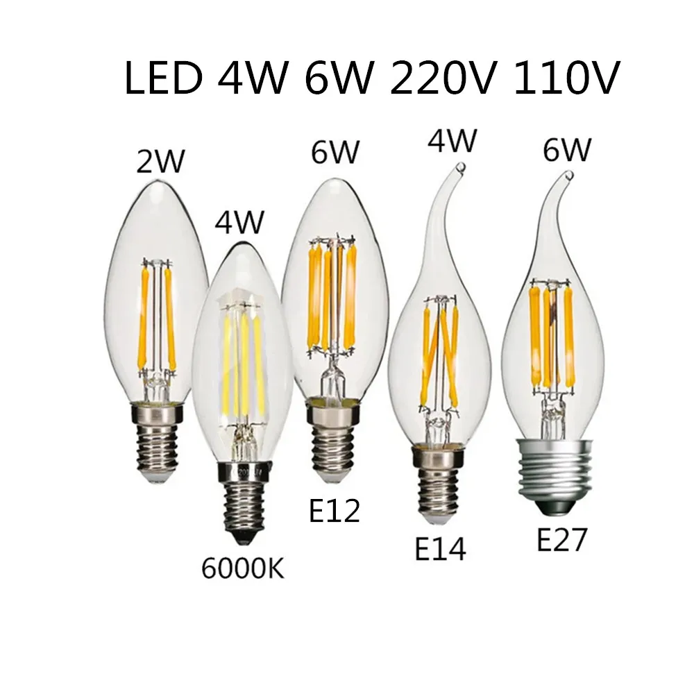 10PCS LED Bulb C35 E14 E12 E27 220V 110V Dimmable 2W 4W 6W Design Energy Saving Candle Warm White Filament Light 360 Degree Lamp