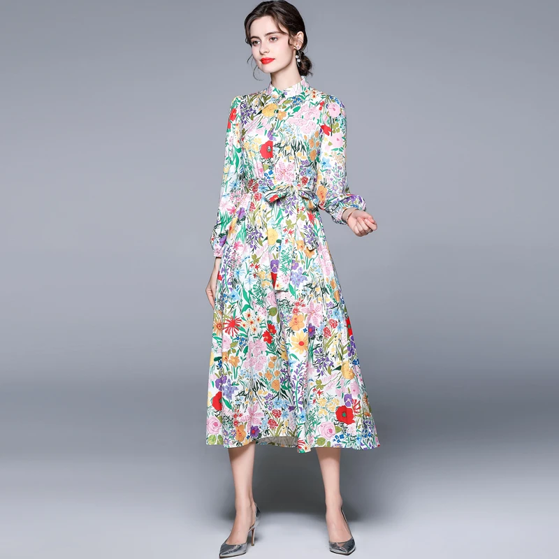 Женское шифоновое платье макси модельное с длинным рукавом и цветочным принтом