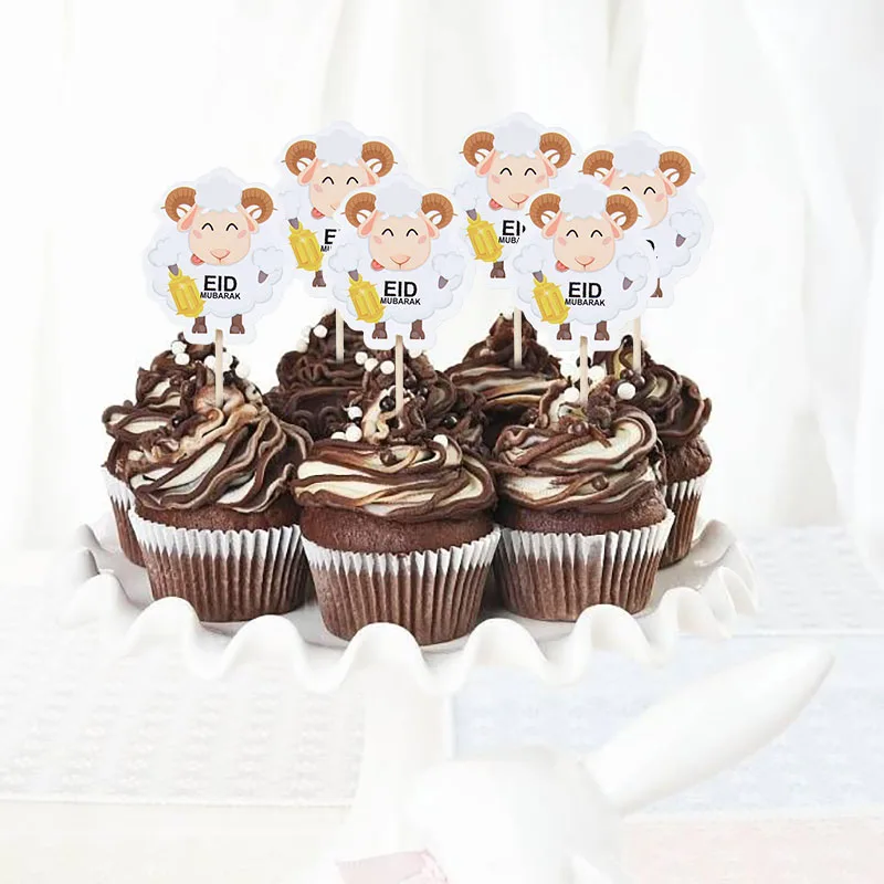 

12pcs Eid Mubarak Sheep Pattern Cake Topper Paper Cupcake Toppers Ramadan Kareem Decoration Festival Party Dessert Cake Supplies