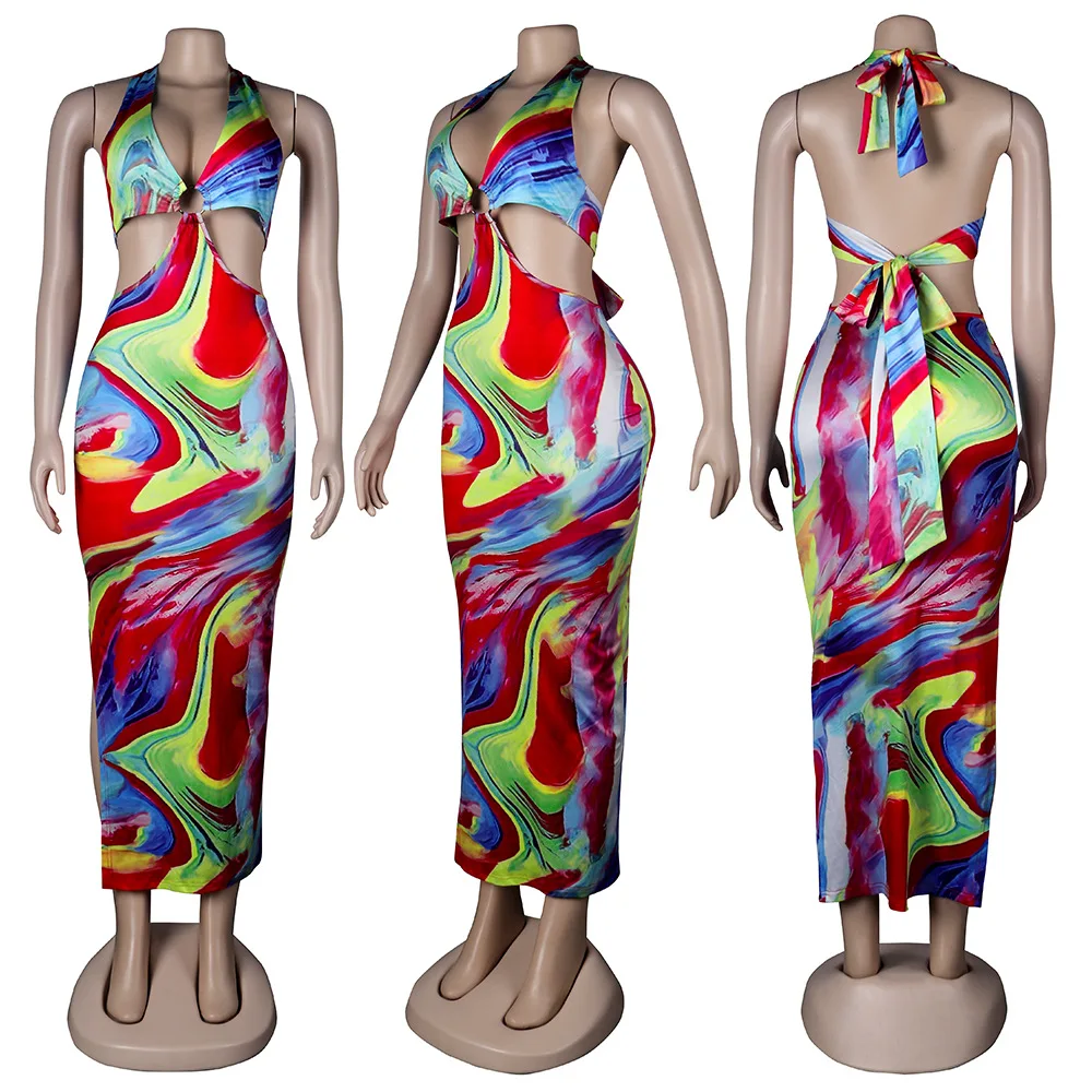 

2021 summer new tie-dye printed sexy dress fashion slim V-neck sleeveless tube top dress