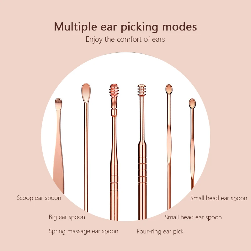 6 Pcs/Set Ear Wax Pickers Stainless Steel Earpick Remover Curette Pick Cleaner Spoon Care Clean Tool |
