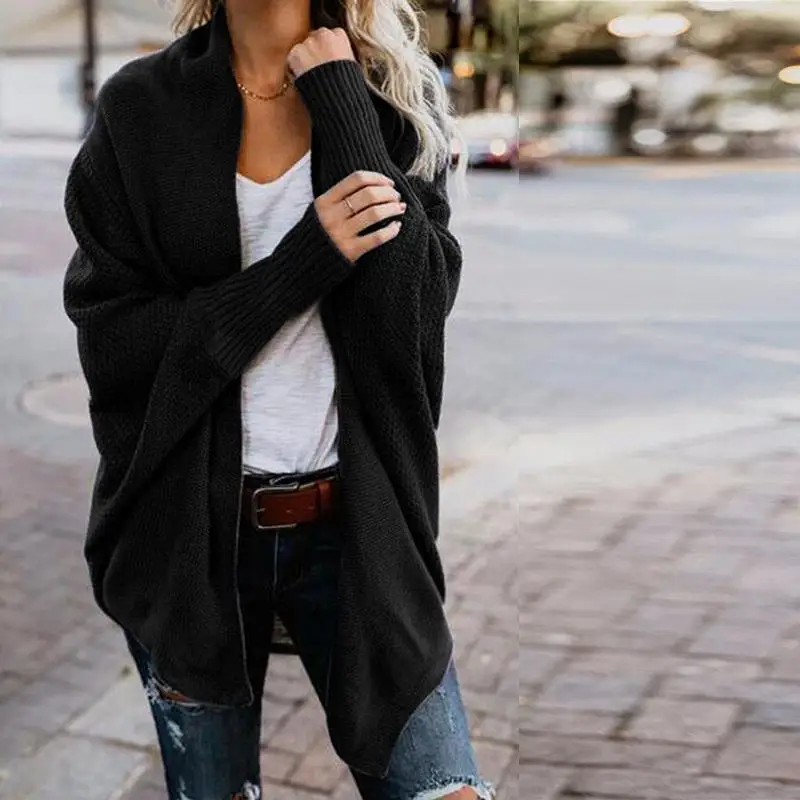 black Sweater Coat Luzuzi осень зима рукав летучая мышь трикотажный кардиган женский большой размер вязаный женский свитер-кардиган элегантный джемпер пальто - Цвет: black Sweater Coat