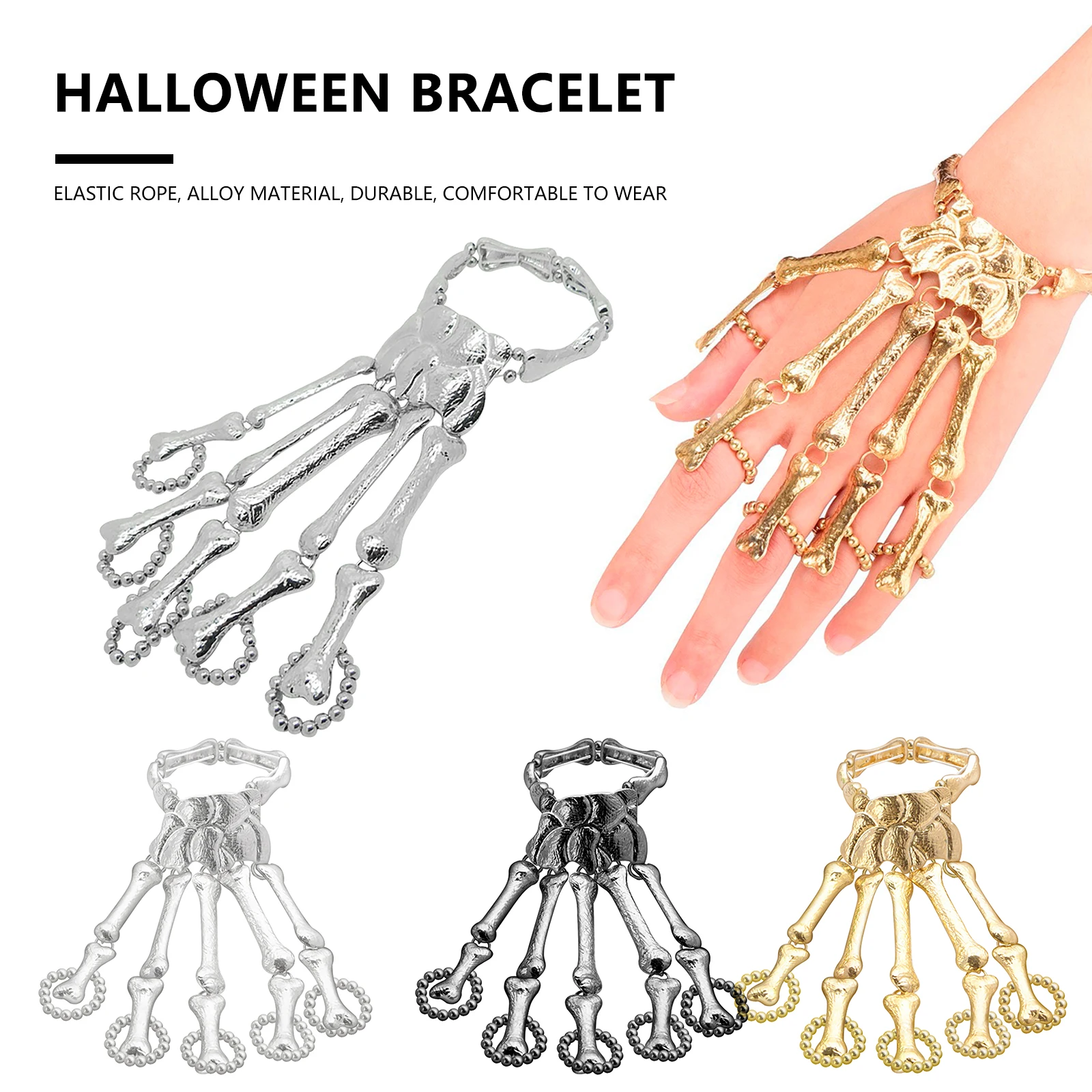 

2021 New Style Punk Handmade Halloween Wristband Halloween Skull Fingers Wristband Alloy Skeleton Finger Bracelet with Ring