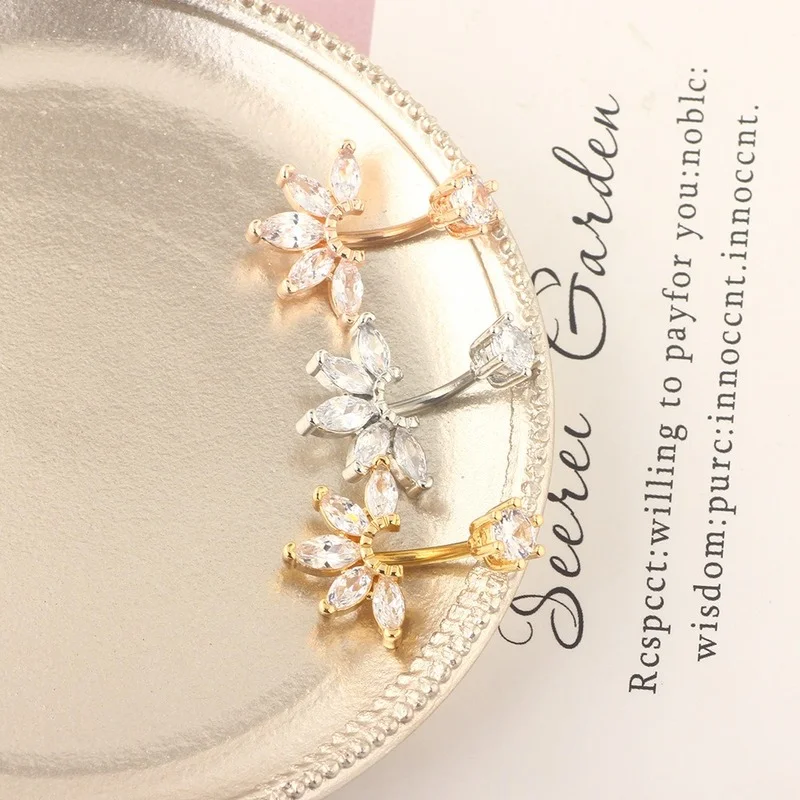 Пирсинг пупка для женщин из нержавеющей стали с цветами кристаллами Циркония