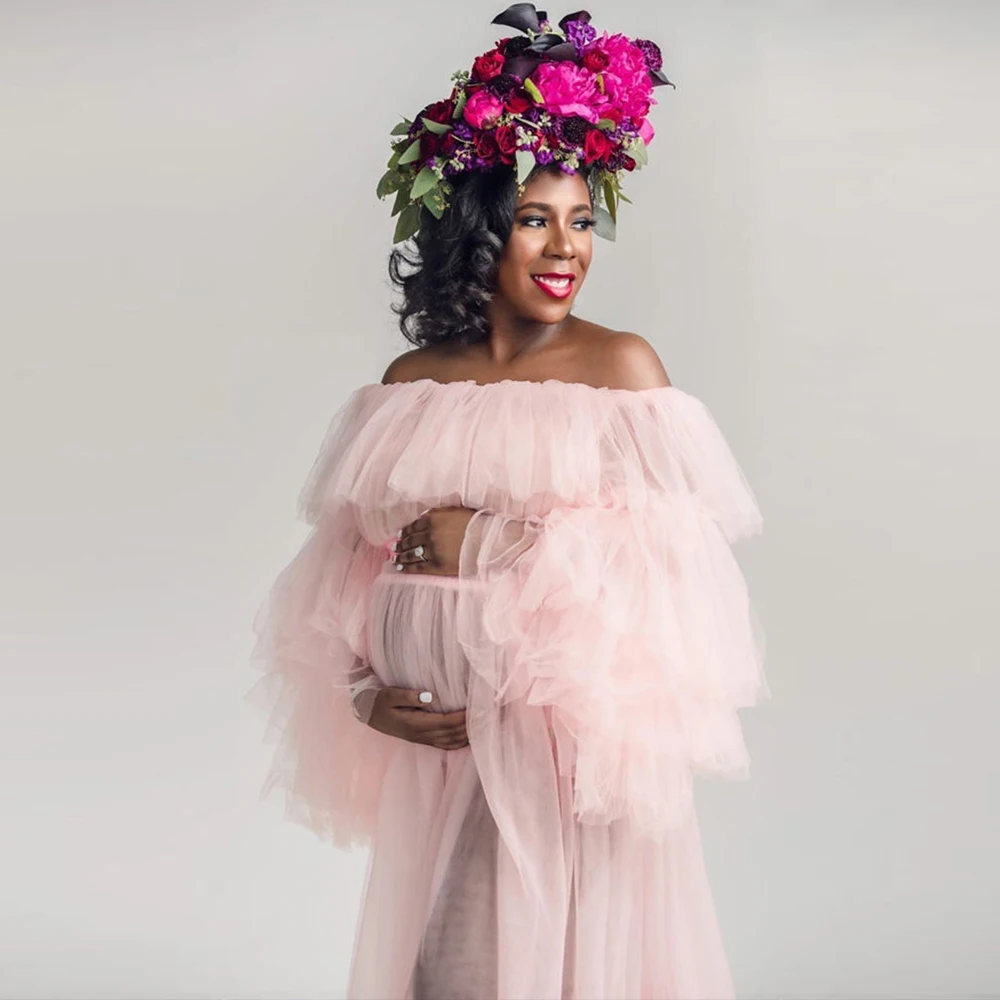 

Тюлевые платья для беременных 2021 элегантный розовый с открытыми плечами платье для беременных с длинным рукавом реквизит для фотосъемки бе...