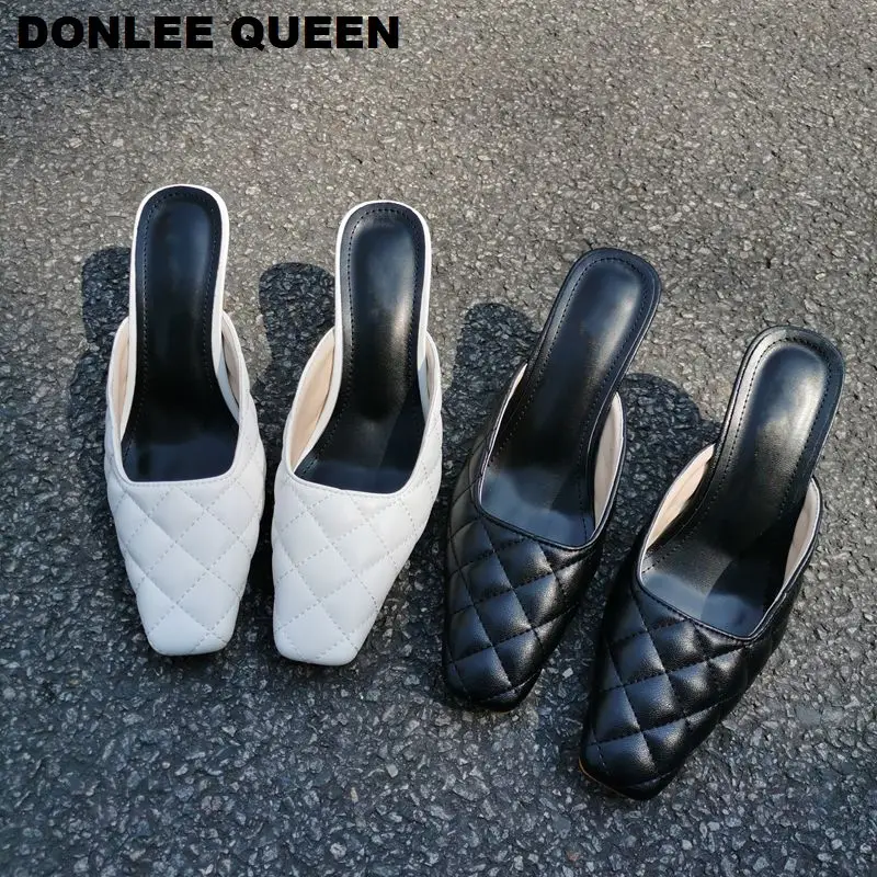 

Шлепанцы женские на высоком каблуке, элегантные сандалии с квадратным носком, брендовые уличные тапочки с вышивкой, летние Тапочки